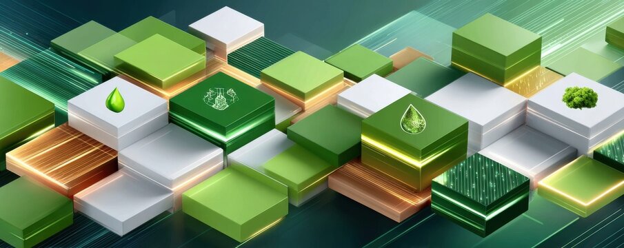 Isometric data center with green hexagon symbols and futuristic technology icons for digital infrastructure