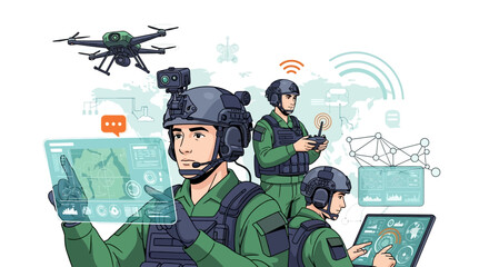 Illustration of Indian Army soldiers with military gear using digital devices and a drone with a modern, technological feel.