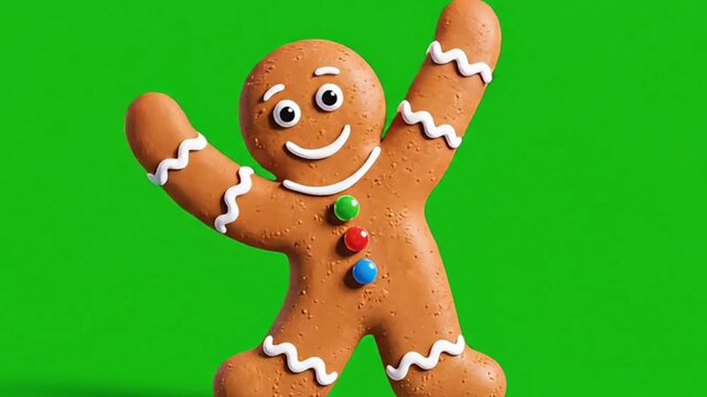 A cheerful gingerbread man with icing details and candy buttons stands against a green screen background with arms raised.