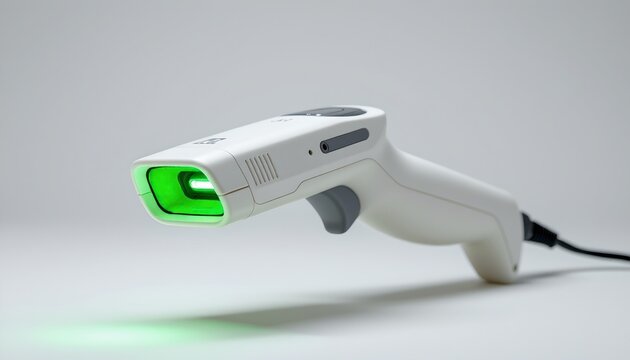 An advanced handheld device with a green glow, placed against a neutral background. The gadget is white and features a green laser pointer at one end.
