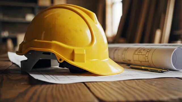 Yellow hard hats on a wooden table with blueprints and a pencil 4k video