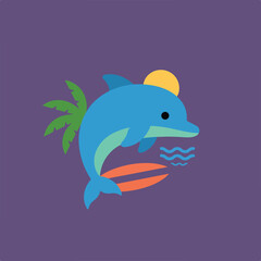 Naklejka premium A cheerful blue dolphin leaps over an orange surfboard, accompanied by a bright yellow sun and tropical green palm leaves, rendered in a flat, cartoon style.
