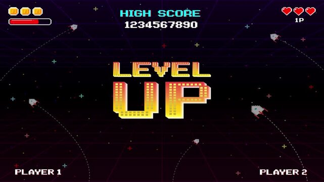 LEVEL UP. pixel art 8 bit game. Retro Futurism Sci-Fi Background. glowing neon grid. and stars from vintage arcade computer games