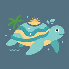 Naklejka premium This charming flat vector illustration showcases a smiling sea turtle with a decorative shell, swimming playfully amidst sparkling water, a sun, and a palm tree.
