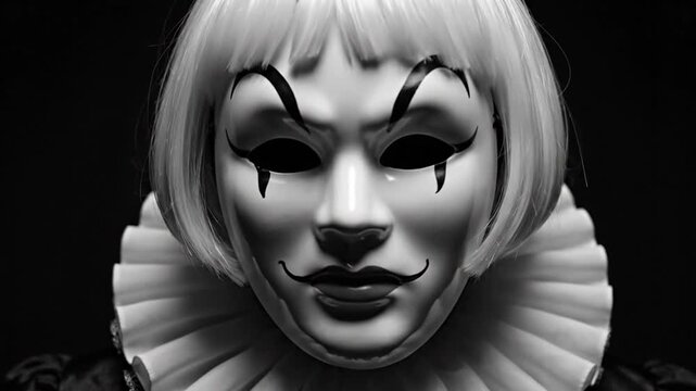 A black and white close-up of a person wearing a creepy clown mask and ruff collar