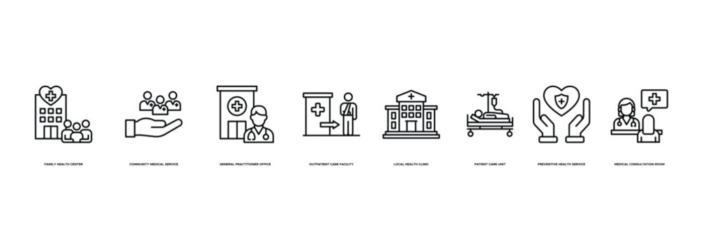 Primary Care Clinic Banner Illustration Featuring Family Health Center, Community Medical Service, General Practitioner Office, Outpatient Care Facility, Local Health Clinic, Patient Care Unit
