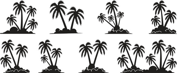 Palm or coconut trees vector illustration. Palm tree silhouette. Black palm trees set isolated on white background. Set of palm trees