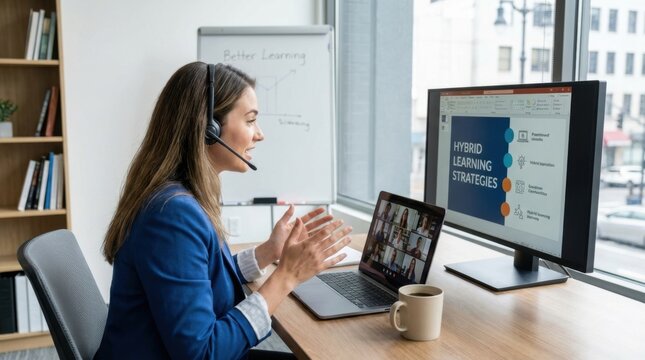 Businesswoman wearing a headset and blue blazer presents hybrid learning strategies on a monitor during a virtual meeting.