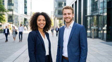 Diverse young professional business partners smile standing on a city street pavement outside modern glass office buildings during the day.