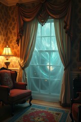 AI Generative. Classic Vintage Interior with Mysterious Cosmic Portal Vortex View through Window. 1