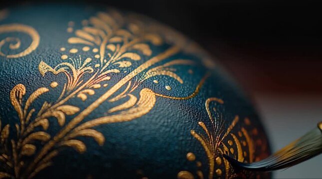 Close-up of a brush painting intricate golden patterns on a dark blue surface, showcasing artistic detail and craftsmanship.