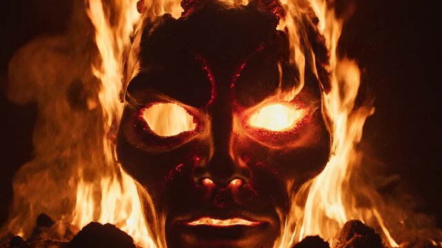 A hellish creature's face engulfed in flames with glowing eyes on a dark background, possibly used for a horror or fantasy concept