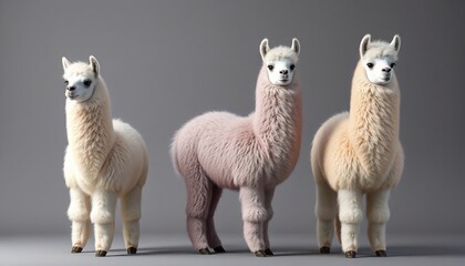 Fototapeta premium Three fluffy alpacas standing against a neutral gray background