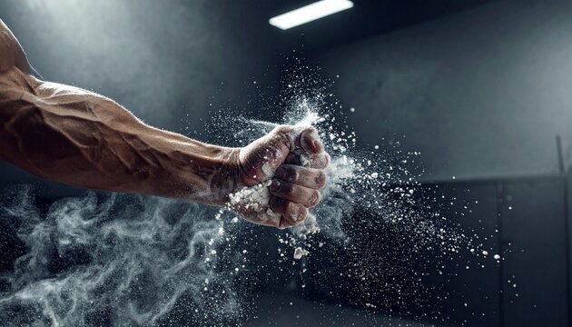 Close-up of a muscular athlete's arm and fist clenching white chalk powder with a dramatic explosion effect in a moody fitness center.
