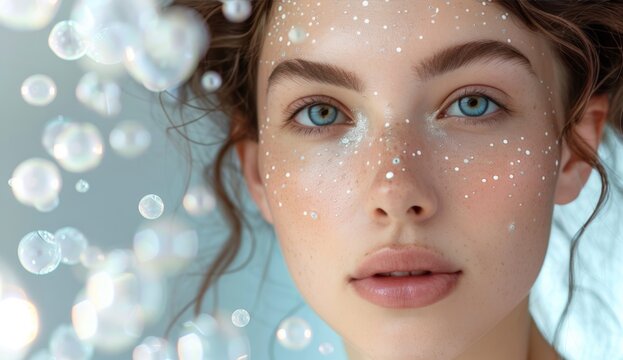Close-up of a beautiful young woman with glittery face, blue eyes, and floating bubbles