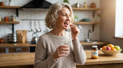 Fototapeta na wymiar Cheerful gray haired mature woman taking daily dietary supplement pill with water in her contemporary kitchen environment.