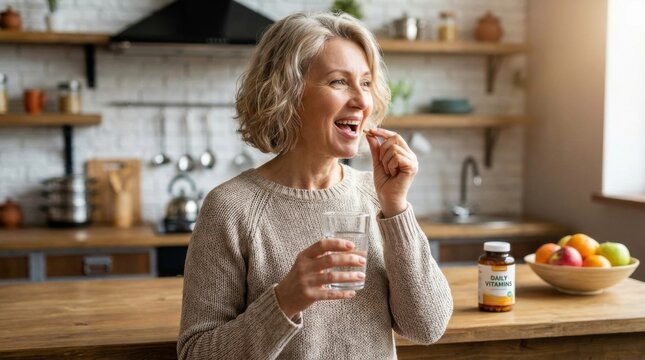 Cheerful gray haired mature woman taking daily dietary supplement pill with water in her contemporary kitchen environment.