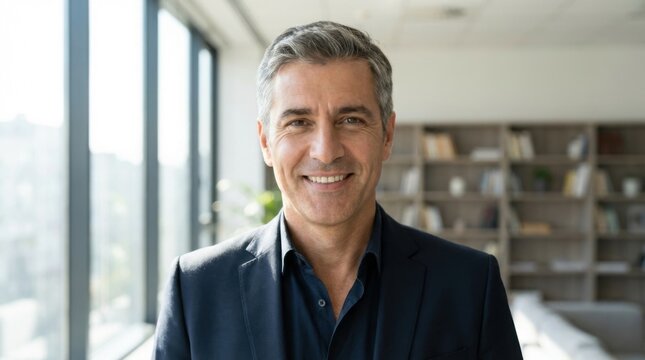 Professional gray haired man wearing a dark navy blue blazer smiling brightly in a sunny contemporary office.