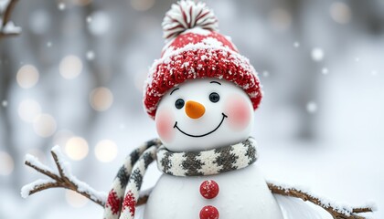 Fototapeta premium Smiling snowman wearing a textured red knit winter hat outdoors