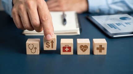 Wooden blocks representing rising healthcare costs with dollar sign arrow and medical symbols on a dark blue desk.