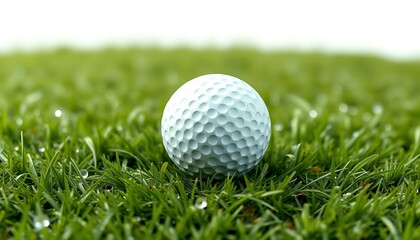 Fototapeta premium White dimpled golf ball resting on wet green grass blades