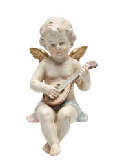 Fototapeta premium Ceramic angel figurine playing lute isolated. Vintage ornament.