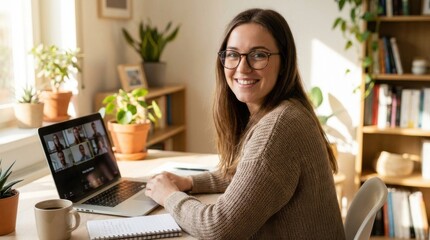 Young brunette woman wearing brown knitted sweater attends a video conference using a laptop in a bright home office setting.