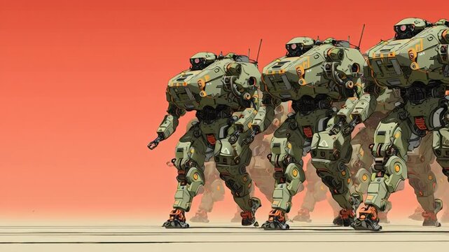 Futuristic Bipedal Robot Soldiers Marching in a Desert Landscape at Sunset - 4K Illustration