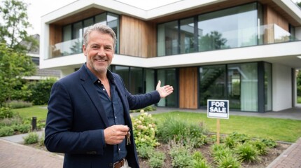 Smiling professional man holding house keys gestures toward modern luxury two-story residence with a for sale sign in the garden.