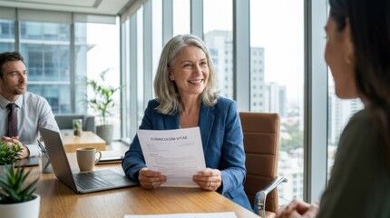Senior female executive holding a curriculum vitae and smiling at a job candidate during a corporate hiring interview in a modern high rise office.