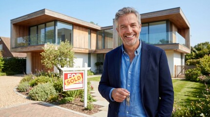 Cheerful mature man holding house keys standing beside a 'Sold' sign outside a contemporary wood and glass luxury residence on a sunny day.
