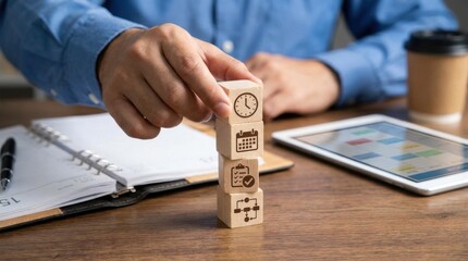 Business professional hand stacking four wooden planning blocks featuring icons for clock, calendar, checklist, and process flowchart.