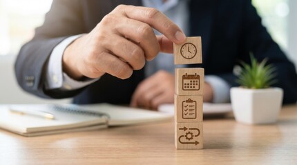 Professional hand places the final wooden cube featuring a clock icon onto a stack symbolizing time management and business workflow.