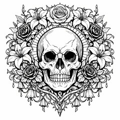 Fototapeta premium Highly detailed black and white artwork featuring a realistic skull surrounded by roses and lilies in an elaborate baroque wreath, perfect for gothic branding.