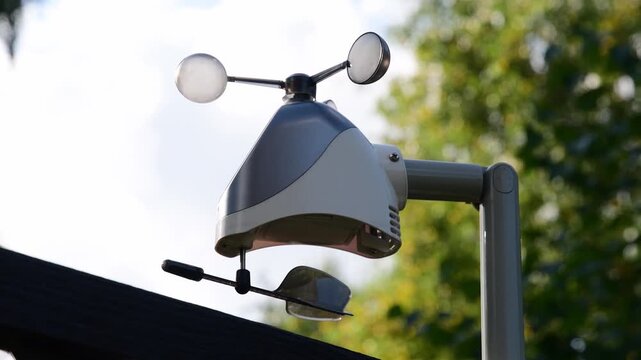 Modern outdoor weather station in action with an anemometer and wind vane, measuring climate data for accurate forecasts and environmental monitoring