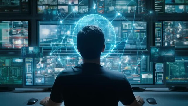 A person seated at a desk monitoring multiple high-tech screens filled with data and visuals.