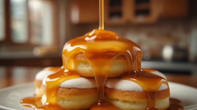 Caramel poured on stacked donuts with whipped cream in kitchen