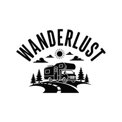 Naklejka premium Wanderlust camper van adventure vector illustration with forest, road, and sun for travel designs