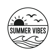 Summer vibes vector logo with sun, waves, and birds in minimalist black and white style
