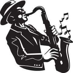 Vector illustration of a jazz band silhouette featuring a musician playing saxophone and a guitarist with a black musical instrument design for a blues concert