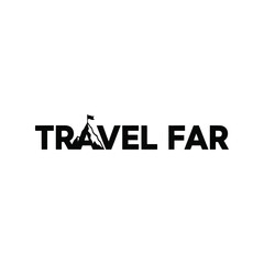 Obraz premium Travel Far adventure logo vector, minimalist black text with mountain icon for travel branding