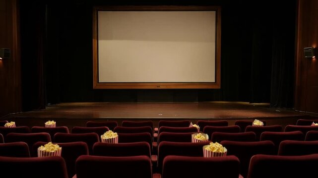 Empty cinema hall with red seats, popcorn boxes on seats, and a large screen in the background, ready for a movie night