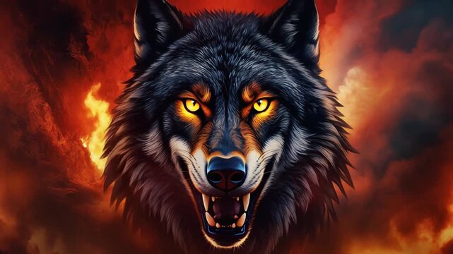 Fierce wolf head with sharp teeth and glowing eyes, surrounded by fiery flames and smoke, in a dark fantasy setting, possibly for a movie or book cover
