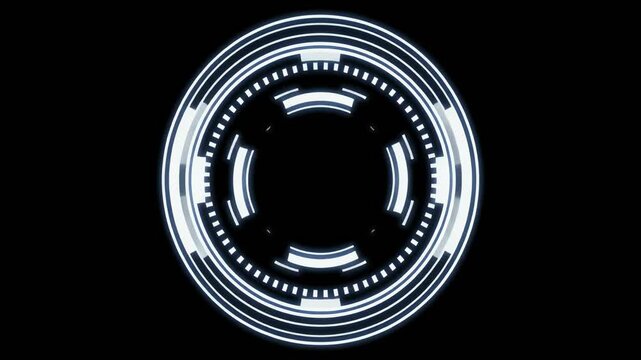 4K motion graphic animation of a white HUD circular user interface on isolated black backgro