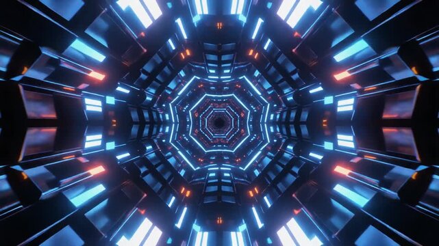 Futuristic tunnel with blue neon lights and geometric patterns in a sci-fi background, possibly used for technology or gaming