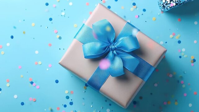 A light taupe-colored gift box, tied with a bright teal ribbon bow, sits atop a light-blue surface covered with colorful confetti