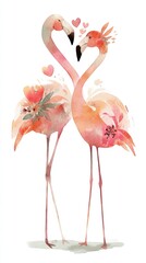 Obraz premium Two romantic flamingos are intertwined, adorned with floral elements and hearts, showcasing a vibrant and whimsical watercolor style.