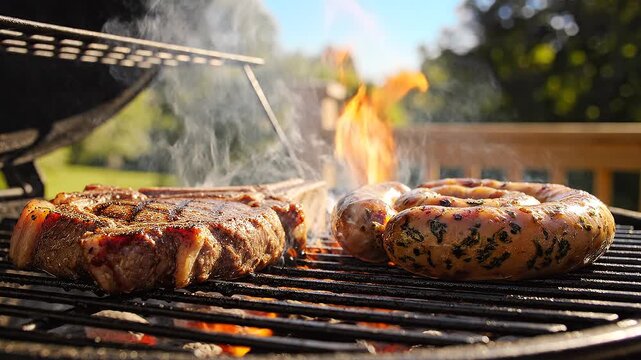Grilled burgers sizzling on outdoor grill with flames, smoke, on deck in backyard