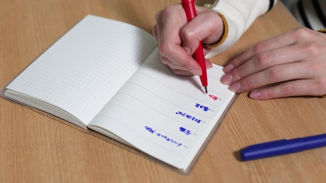 手帳に予定を書きこむ女性の手元のクローズアップ