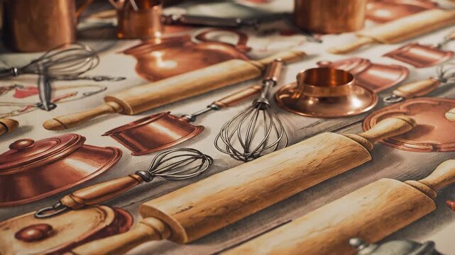 Kitchen utensils and tools on a wooden table, with rolling pins, whisks, copper pots and pans, on a decorative background for cooking or baking